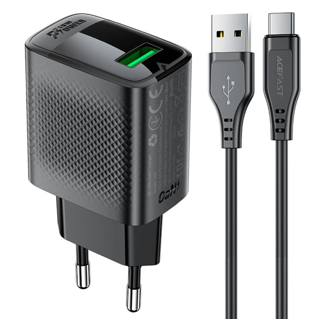 Зарядний пристрій з кабелем USB/Type-C 1 м Acefast A90 18 W 2 А 9 V чорний - Фото 1 Зарядний пристрій з кабелем USB/Type-C 1 м Acefast A90 18 W 2 А 9 V чорний - зображення 1