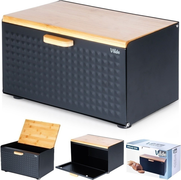Chlebak Vilde metalowy drewniany z podwójną pokrywą Czarny (5904316472863) - obraz 4