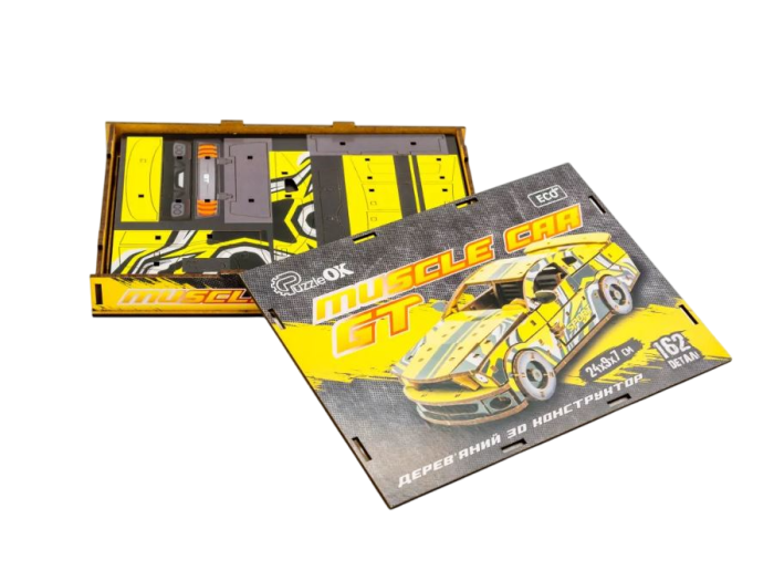 Деревянный 3D конструктор Muscle car GT, Puzzleоk (Puz-00638), 162 деталей (желтая) - Фото 5 Деревянный 3D конструктор Muscle car GT, Puzzleоk (Puz-00638), 162 деталей (желтая) - изображение 5