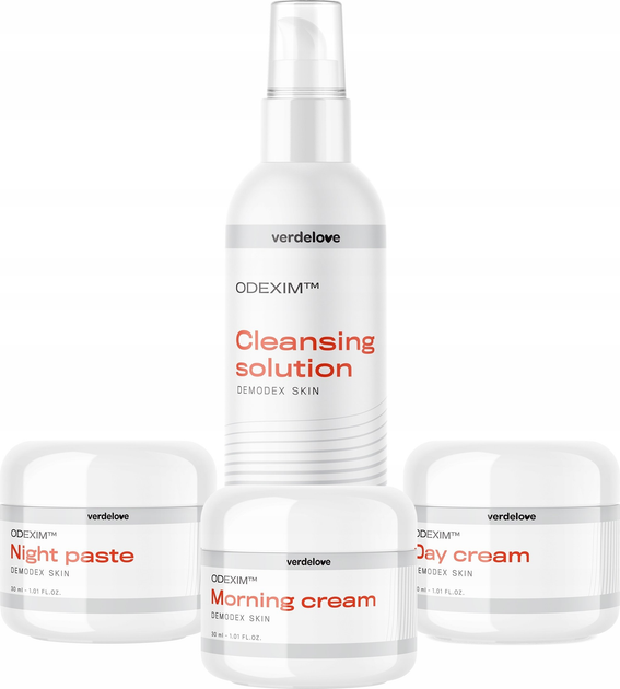 Набір косметики для догляду Odexim Demodex Skin Засіб для вмивання 150 мл + Крем для обличчя ранковий 30 мл + Крем для обличчя денний 30 мл + Паста для обличчя на ніч 30 мл (5903689118293) - зображення 4