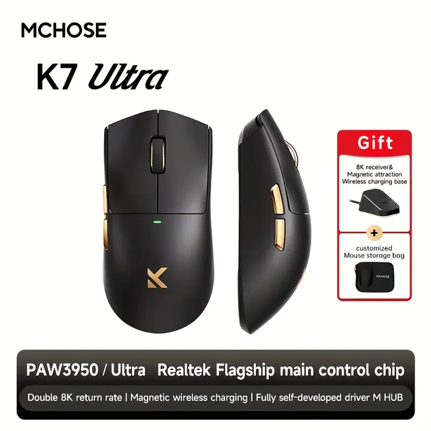 Бездротова ігрова миша MCHOSE K7 Ultra / Три режими підключення / PAW3950 / 42 000 DPI / Black - Фото 3 Бездротова ігрова миша MCHOSE K7 Ultra / Три режими підключення / PAW3950 / 42 000 DPI / Black - зображення 3