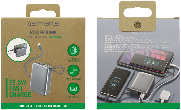 УМБ 4smarts Pocket Dual Cord 20000 mAh 22.5W Space Gray (4S541626) - зображення 3