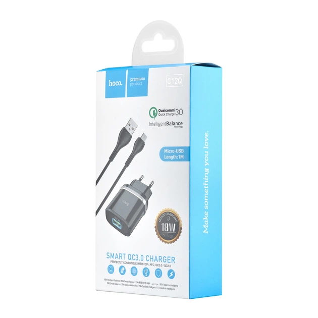 МЗП Hoco C12Q Smart QC3.0 charger set Micro ( EU ) Чорний - Фото 2 МЗП Hoco C12Q Smart QC3.0 charger set Micro ( EU ) Чорний - изображение 2