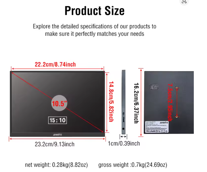 Портативный монитор Anmite A105W01 10.5" Full HD 1920×1280 60 Гц черный — экран для ноутбука, ПК, телефона и игровой приставки - изображение 5