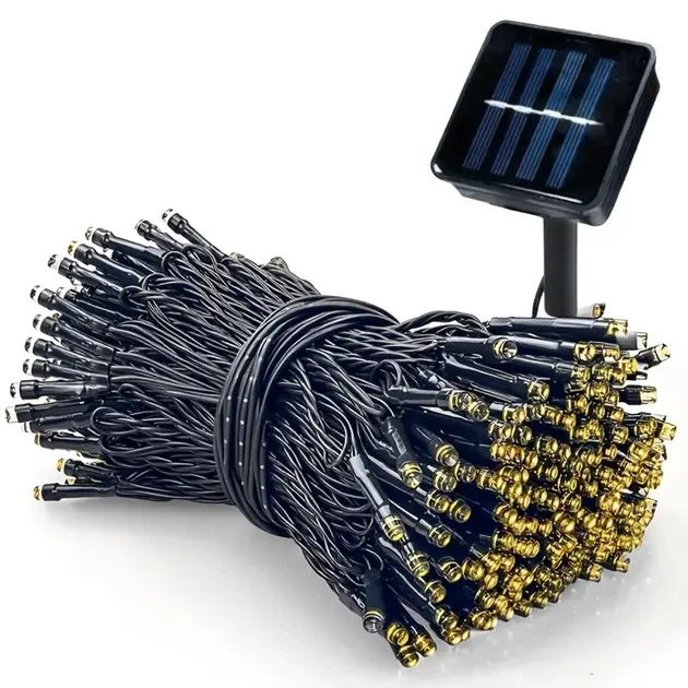 Уличная гирлянда Нить 500 LED 50 м на солнечной батарее черный провод желтый свет ip65 энергосберегающая - изображение 5