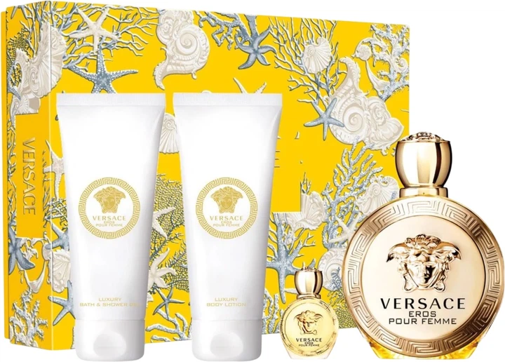 Zestaw prezentowy damski Versace Eros Pour Femme Woda perfumowana 100 ml + Żel pod prysznic 100 ml + Lotion do ciała 100 ml + Woda perfumowana 5 ml (8011003899876) - obraz 1