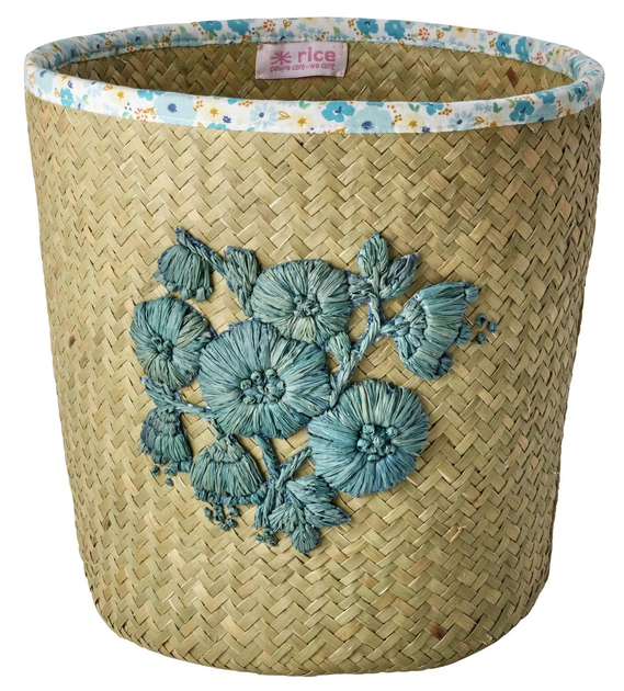 Кошик для зберігання Rice з рафії з вишивкою  квітів та квітковим кантом з тканини Блакитний (5708315259469) - зображення 1