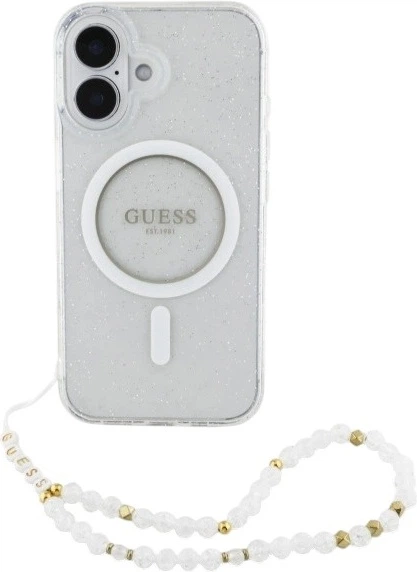 Etui Guess IML Glitter With Pearl Strap MagSafe do Apple iPhone 16 Plus Transparent (GUHMP16MHGCRELST) - obraz 1