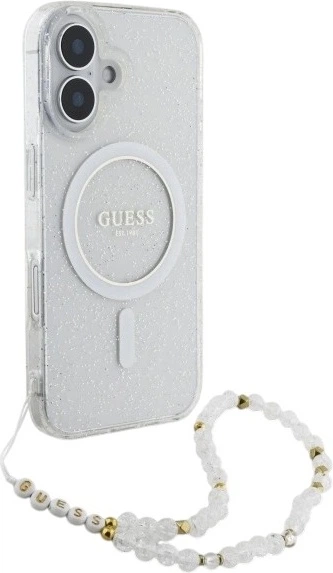 Etui Guess IML Glitter With Pearl Strap MagSafe do Apple iPhone 16 Plus Transparent (GUHMP16MHGCRELST) - obraz 3
