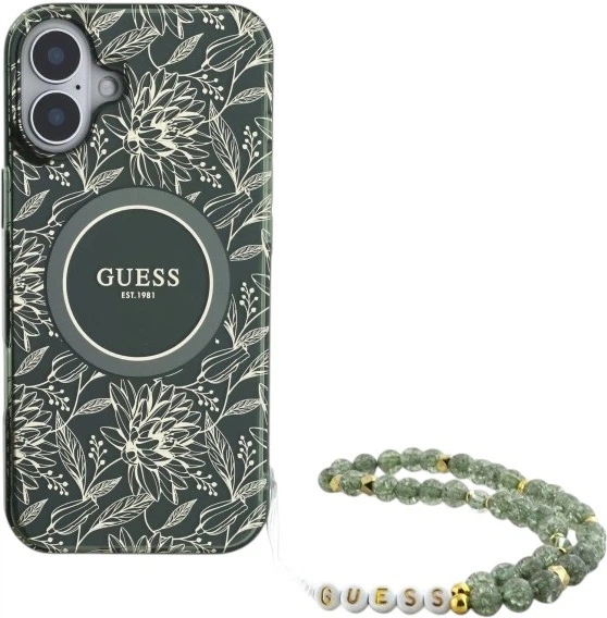 Etui Guess IML Flowers Allover Electro With Pearl Strap MagSafe do Apple iPhone 16 Green (GUHMP16SHCPOFPA) - obraz 1