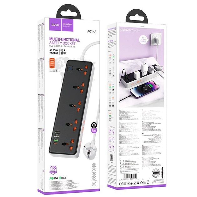 Сетевой удлинитель HOCO Rico 5-position socket AC14A| 3USB/1Type-C, PD/QC, 3A/30W| - изображение 4