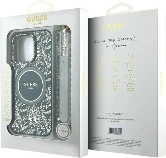 Etui Guess IML Flowers Allover Electro With Pearl Strap MagSafe do Apple iPhone 16 Pro Max Green (GUHMP16XHCPOFPA) - obraz 7