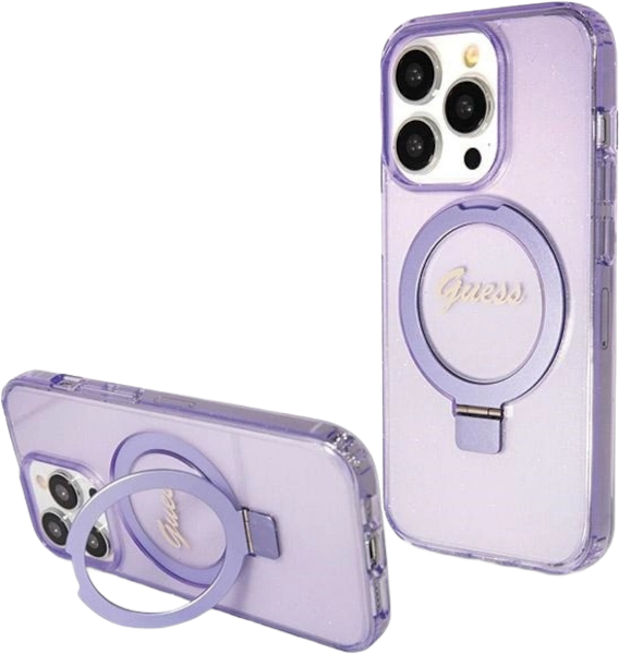Etui plecki Guess Ring Stand Script Glitter MagSafe do Apple iPhone 13 Pro/13 Purple (3666339156688) - obraz 2