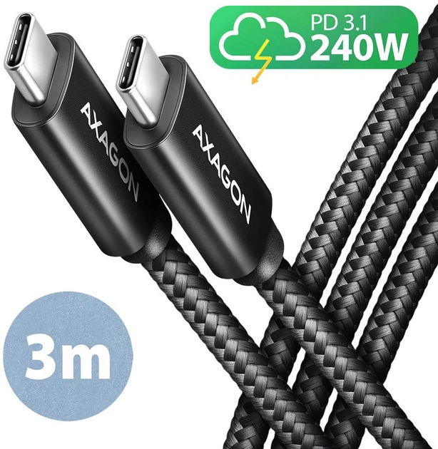 Кабель Axagon BUCM2-CM30AB USB-C - USB-C 2.0, PD 240W, 5A 3 м Black - зображення 2