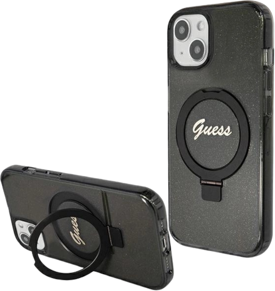 Etui plecki Guess Ring Stand Script Glitter MagSafe do Apple iPhone 14/15/13 Black (3666339156282) - obraz 2