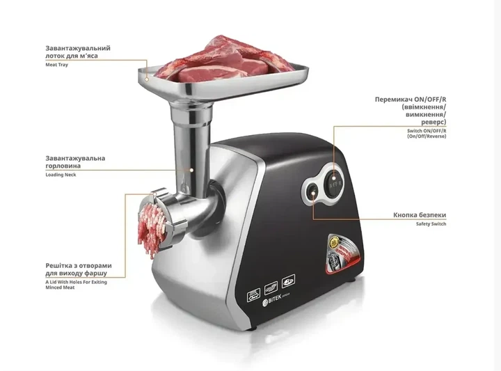 Мясорубка электрическая для дома BITEK BT-3400, 3500Вт с насадками для шинковки, мяса и колбас, Черный - изображение 7