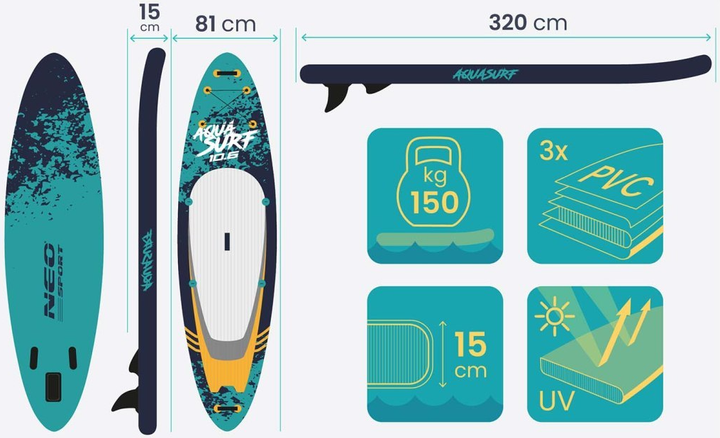 Надувна дошка SUP Neo-Sport Aquasurf 320 x 81 x 15 см 170005 (5903890629939) - зображення 9
