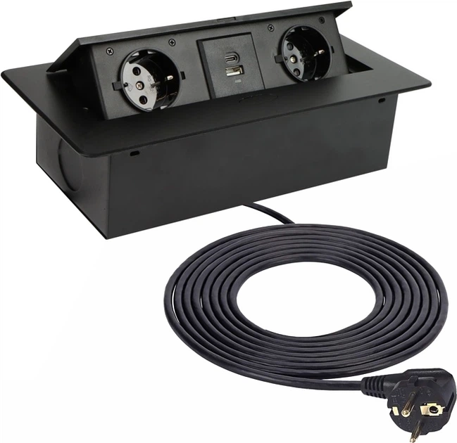 Меблева розетка Design Light Kombi Box 2 розетки 2 USB 3 м Чорна (KOMB-CZ-2DE-UAC-3.0) - зображення 2