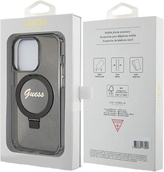 Панель Guess Ring Stand Script Glitter MagSafe для Apple iPhone 14 Pro Max Black (3666339156312) - зображення 8