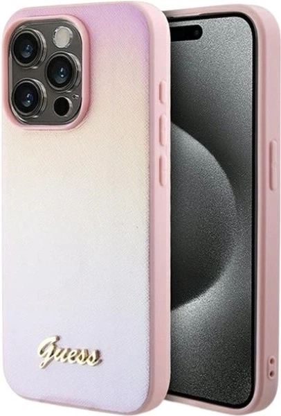 Панель Guess Saffiano Iridescent Script для Apple iPhone 15 Pro Pink (GUHCP15LPSAIRSP) - зображення 1