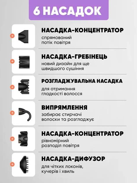 Фен стайлер для волосся професійний Super Hair Dryer Supersonic HD 18 + 6 насадок 1400 Вт, Рожевий (мд-17376) - зображення 7