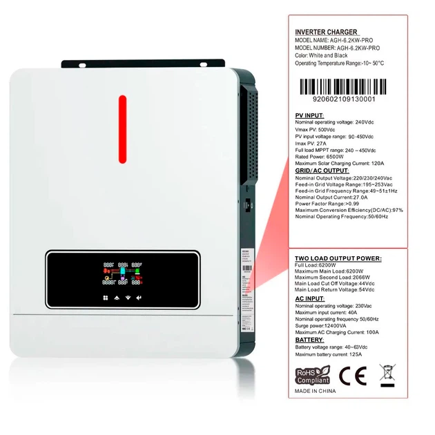 Гибридный инвертор 6.2 кВт Daxtromn AGH-6.2KW-PRO, 48 В, ток заряда 120 А, для АКБ LiFePO4, Li-ion, Lead-acid - изображение 4