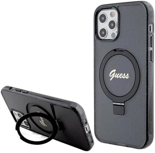 Etui plecki Guess Ring Stand Script Glitter MagSafe do Apple iPhone 12 / 12 Pro Black (GUHMP12MHRSGSK) - obraz 1