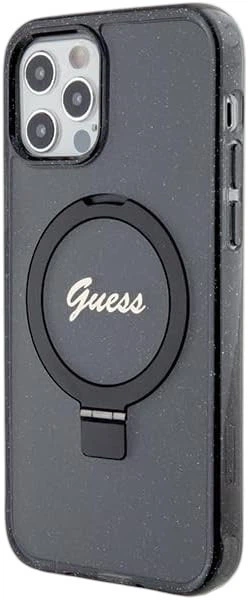 Etui plecki Guess Ring Stand Script Glitter MagSafe do Apple iPhone 12 / 12 Pro Black (GUHMP12MHRSGSK) - obraz 2