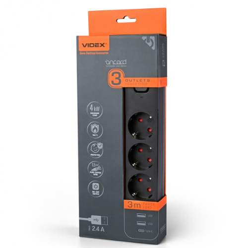 Мережевий подовжувач із заземленням 3 розетки/2USB-A/1Type-C 3м з кнопкою чорний VF-PD33G2U1C-B Oncord Videx - Фото 1 Мережевий подовжувач із заземленням 3 розетки/2USB-A/1Type-C 3м з кнопкою чорний VF-PD33G2U1C-B Oncord Videx - изображение 1