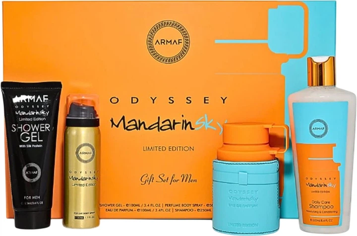 Набір для чоловіків Armaf Odyssey Mandarin Sky Парфумована вода 100 мл + Парфумований спрей для тіла 50 мл + Гель для душу 100 мл + Шампунь 100 мл (6294015195361) - зображення 1