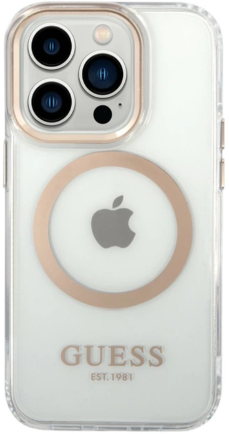 Etui plecki Guess Metal Outline Magsafe do Apple iPhone 15 Pro Transparent/Gold (3666339196912) - obraz 1