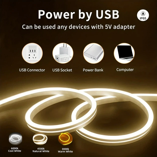 USB Неонова стрічка White 5V водонепроникна, холодне світіння з безконтактним управлінням, 1м - зображення 4