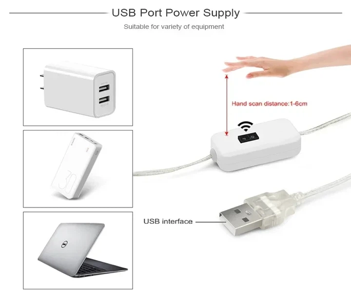 USB Неонова стрічка White 5V водонепроникна, холодне світіння з безконтактним управлінням, 1м - зображення 7