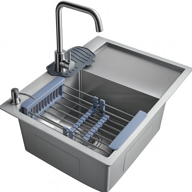 Кухонная мойка AQUAMARIN PRIME 6050 DurAlum L-Чаша ліворуч (Матовая)+Смеситель+Дозатор+Сифон+Корзина для посуды - изображение 3