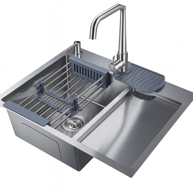 Кухонная мойка AQUAMARIN PRIME 6050 DurAlum L-Чаша ліворуч (Матовая)+Смеситель+Дозатор+Сифон+Корзина для посуды - изображение 4