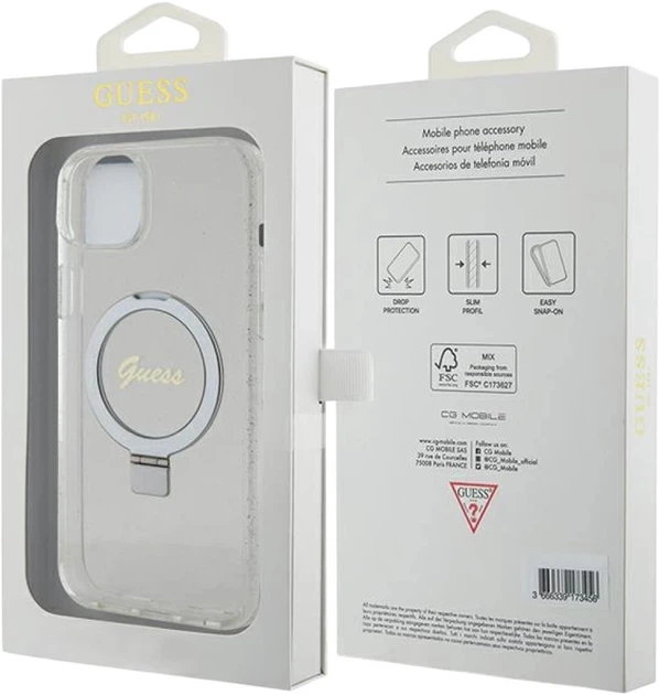 Панель Guess Ring Stand Script Glitter MagSafe для Apple iPhone 15 Plus/14 Plus Transparent (3666339156619) - зображення 8