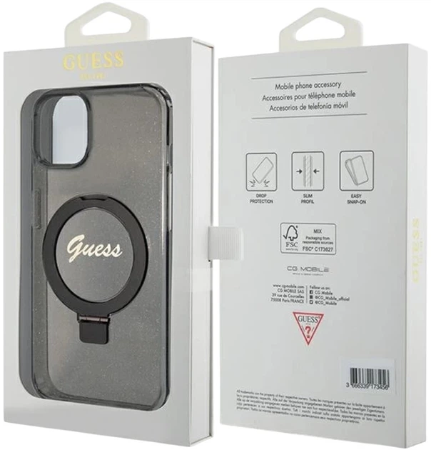 Панель Guess Ring Stand Script Glitter MagSafe для Apple iPhone 15 Plus/14 Plus Black (3666339156336) - зображення 8