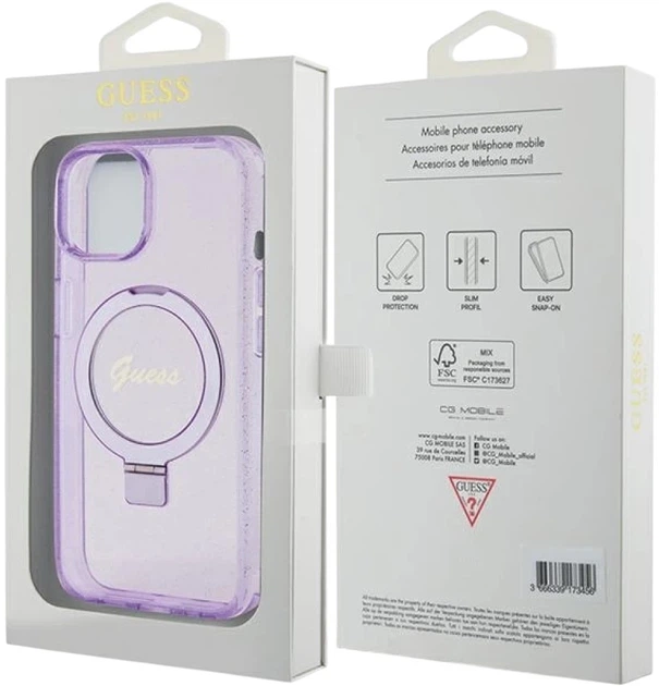 Панель Guess Ring Stand Script Glitter MagSafe для Apple iPhone 15 Plus/14 Plus Purple (3666339156756) - зображення 8