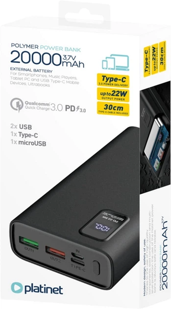 Powerbank Platinet 20000mAh 22.5W + USB-C Cable Black (PMPB20WQC727B) - obraz 3