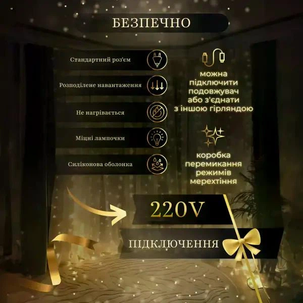 Гирлянда штора хвойная лапа светодиодная 400 LED 3х2 метра жёлтый теплый свет занавес гирлянда для дома улицы новогодний праздничный декор - изображение 5