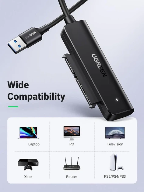 Адаптер UGREEN USB 3.0 – SATA 2.5" для SSD/HDD, зчитувач жорстких дисків, Plug & Play, підтримка UASP і TRIM, зовнішній конвертер - зображення 2