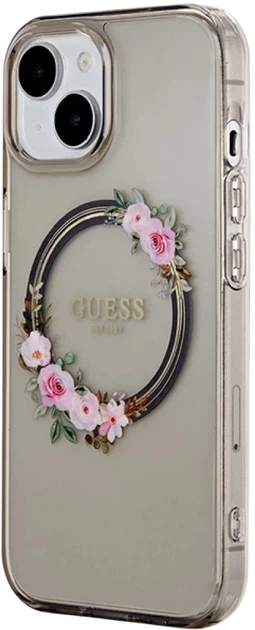 Etui plecki Guess IML Flowers Wreatch MagSafe do Apple iPhone 15/14/13 Transparent/Black (3666339221287) - obraz 3