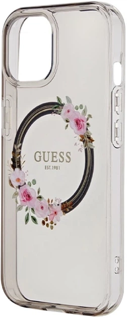 Etui plecki Guess IML Flowers Wreatch MagSafe do Apple iPhone 15/14/13 Transparent/Black (3666339221287) - obraz 6