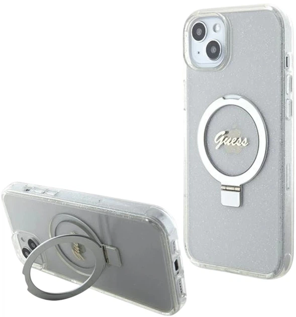 Etui plecki Guess Ring Stand Script Glitter MagSafe do Apple iPhone 15/14/13 Transparent (3666339156602) - obraz 2