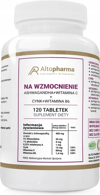 Suplement diety Alto Pharma Wzmocnienie Ashwagandha + Witamina C + Cynk + Witamina B6 120 tabletek (5903715549565) - obraz 1