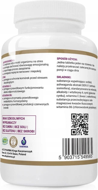 Suplement diety Alto Pharma Wzmocnienie Ashwagandha + Witamina C + Cynk + Witamina B6 120 tabletek (5903715549565) - obraz 2