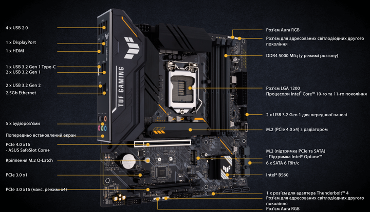 Материнська плата ASUS TUF Gaming B560M-PLUS (LGA1200/4xDDR4/2xM.2 SSD) OEM White Box - Фото 4 Материнська плата ASUS TUF Gaming B560M-PLUS (LGA1200/4xDDR4/2xM.2 SSD) OEM White Box - зображення 4