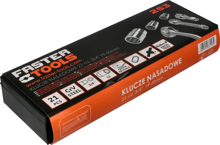 Zestaw kluczy nasadowych FASTER TOOLS 3/4" 19-50 mm 20 szt. 253 (5905912672534) - obraz 2