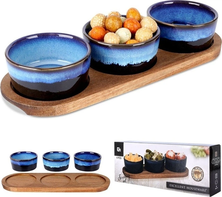 Zestaw misek na przekąski Excellent Houseware ceramicznych na tacy Niebieski 3 szt (139309-N) - obraz 4