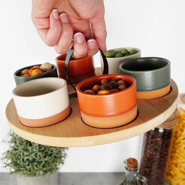 Zestaw misek na przekąski Excellent Houseware ceramicznych na tacy Wielokolorowy 7 elementów (8721037099929) - obraz 4